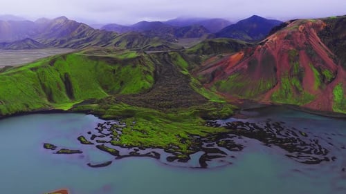 Aerial Crater Lake and Lava Channels in the Icelandic Highlands
