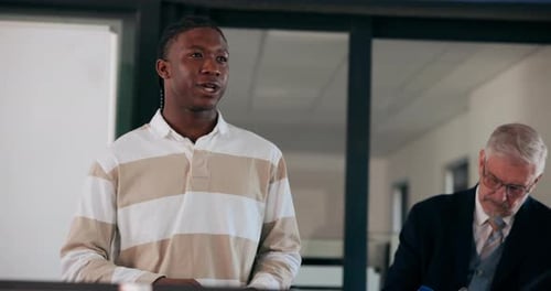 Card, education and speech with student in classroom of university for oral presentation