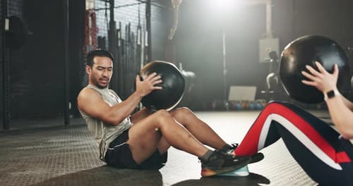Gym floor, man and woman with ball for strong body, muscle development for core balance in power