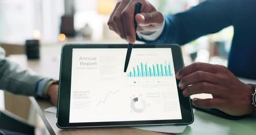Consulting, finance and data on tablet screen with business people in office for investment growth