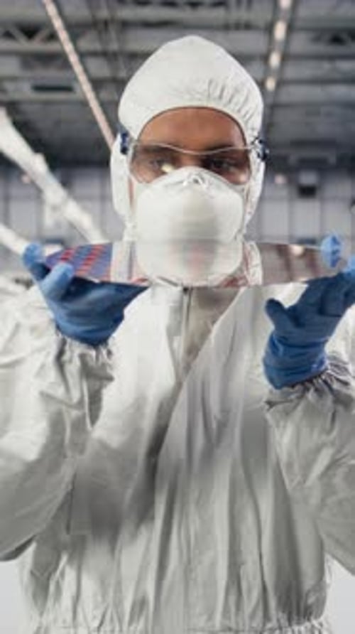 Vertical Video Cleanroom Technician Holding Processed Silicon Wafer