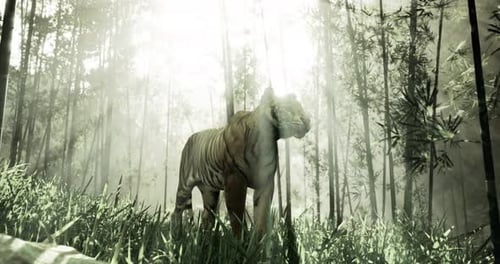 Majestic White Tiger Standing Amidst Lush Green Bamboo Forest