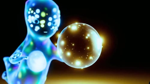 Glowing humanoid figure interacting with radiant orb in dark space
