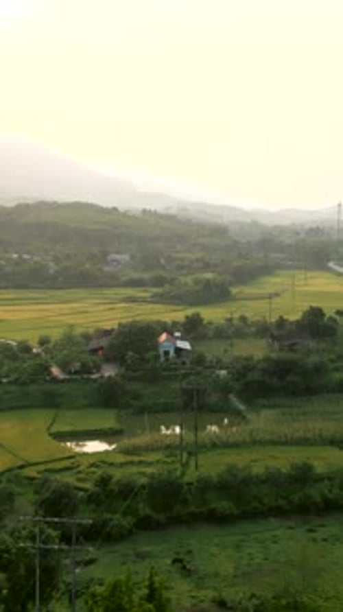 Village au Vietnam entouré par la rivière et les champs de culture dans la vallée près des montagnes