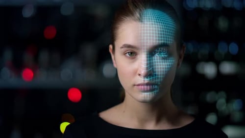 Close Up Attractiveness Analysis Face Scan Process Researching Woman Biometrics. Modern Holographic