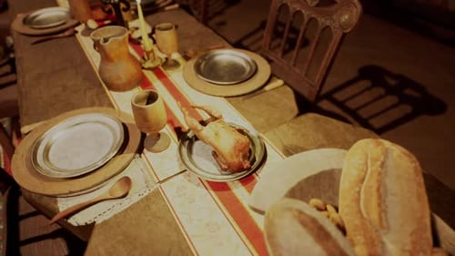 Rustic Medieval Feast Table with Roasted Fowl and Bread