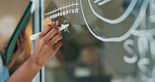 Writing, hand and woman with pen on glass wall for business growth, ideas