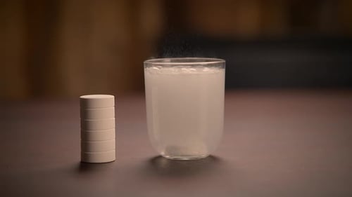 Patient Dropping Aspirin Painkiller Tablet Pill Into Glass of Water for Headache Pain Relief