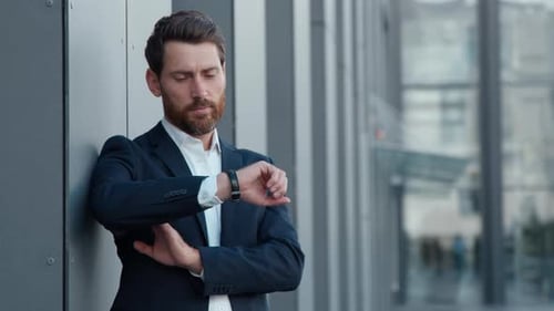 Caucasian Mature Business Man Looking at Wristwatch in City Smiling Businessman Adult Male Employer