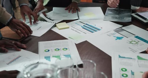 Portfolio, hands or business people in meeting for accounting, report or revenue documents