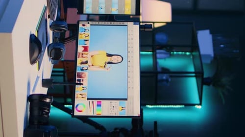 Vertical Video Photo Retouching Software Interface on Computer in Empty Freelancing Apartment Studio
