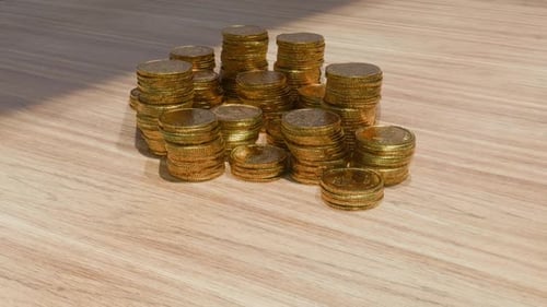 Animated Stacks of Golden Coins on a Wooden Table