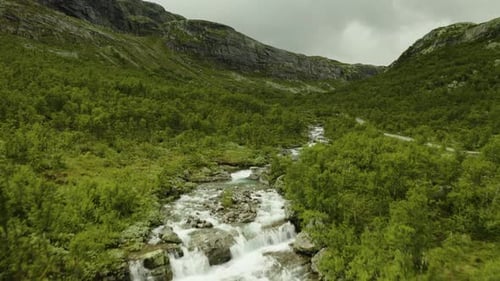 Dramatic Drone Flight Over Lush Mountain Valley and Rocky Stream