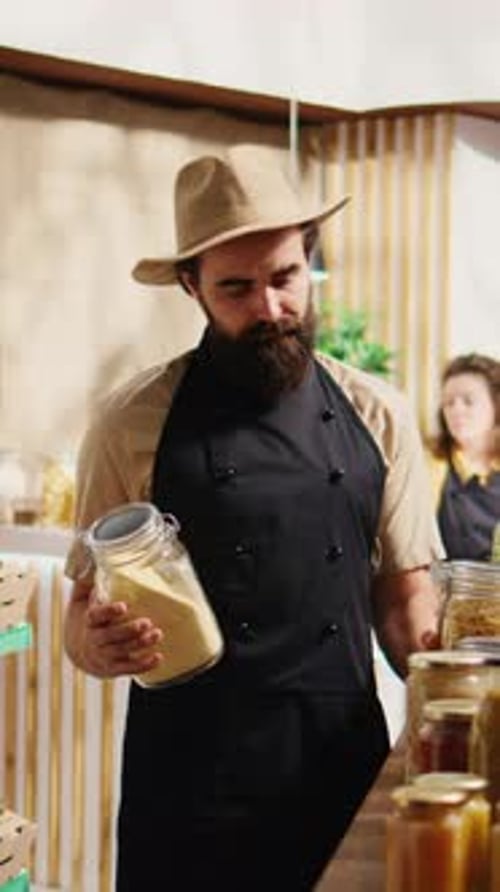 Vertical Video Portrait of Zero Waste Food Shop Vendor