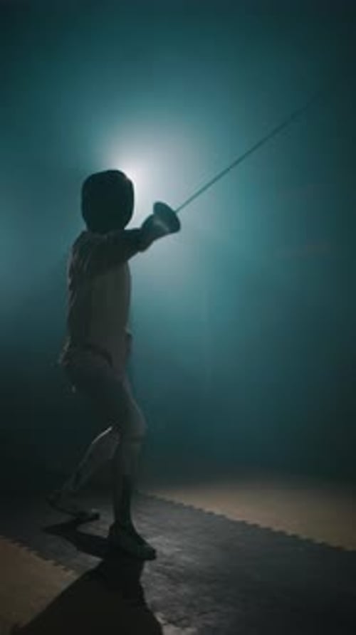 Vertical of Professional Fencers Demonstrating Excellent Swordplay