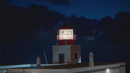 Aerial View Lighthouse in Madeira Portugal at Night