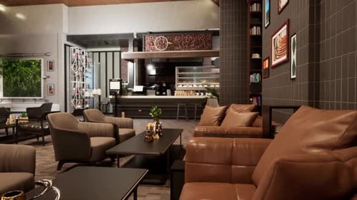 Warm and Modern Cafe Interior with Cozy Armchairs, Green Wall Panel