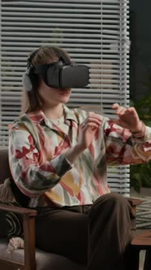 Woman Using AR Headset at Office, Vertical