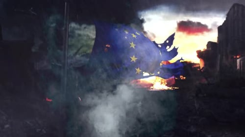 Burning European Union Flag in Grunge Destroyed City Scene