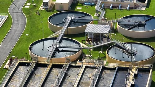 Aerial View of Water Treatment Factory at City Wastewater Cleaning Facility