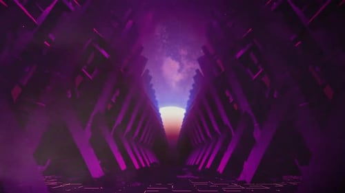 Un tunnel urbain futuriste mène au coucher du soleil