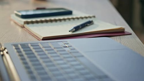 Open Laptop Placed Table Near Copybook Close Up Company Workplace with Computer