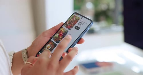 Person, hands or scrolling with phone for food menu, online restaurant or delivery in office