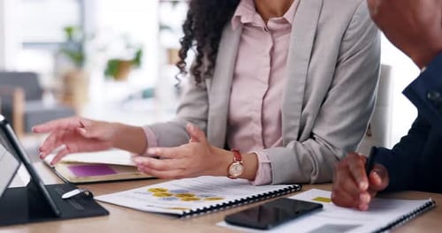 Business people, hands and meeting with tablet and documents for analytics