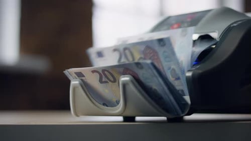 Euro Currency Counting Automatic Calculation Machine Close Up