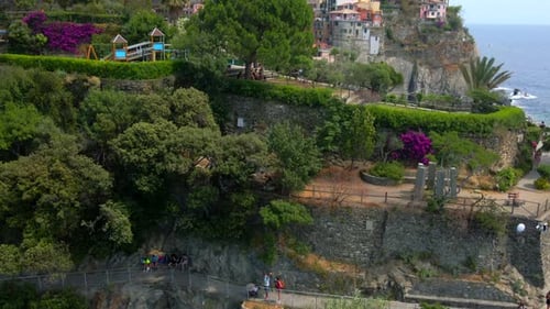 Aerial 4K footage of Manarola, Cinque Terre in Italy.