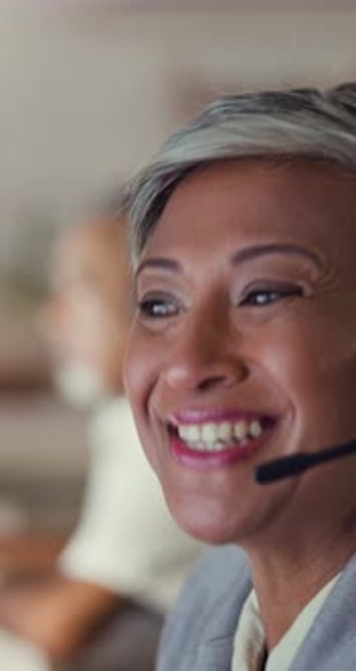 Mature woman, call center and speaking in office, night shift and telemarketing agent