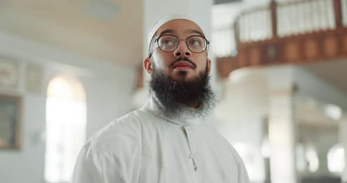 Man, thinking and mosque for islam religion, spirituality or Ramadan in holy temple for prayer to