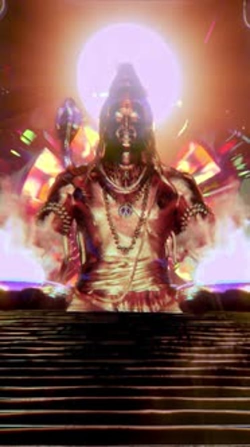 Animated Golden Deity Figure with Glowing Lights Background