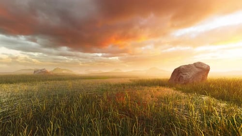 Dramatic Sunset Landscape with Flowing Water and Swaying Grass