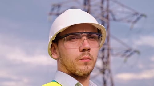 A designer inspects a high voltage tower. An engineer in a hard hat servicing a power transmission p