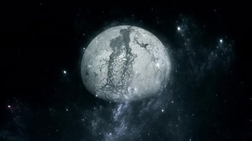 Rotating Gray Planet in Deep Space with Stars and Nebula