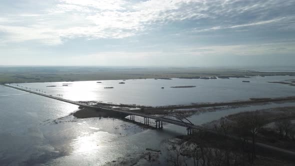flood river overflow bridge road sunny day aerial circulating, Nature ...