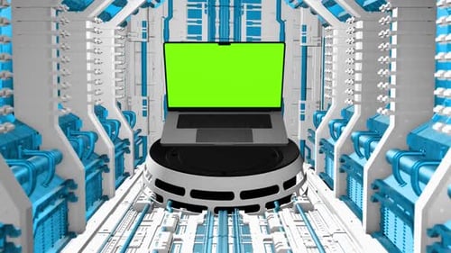 Laptop green screen animation with green screen in sci fi technology tunnel