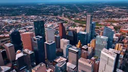 Variegated high-rise panorama of Houston downtown, Texas, USA.