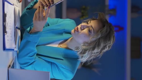Vertical video of Home office worker woman confused and thoughtful.