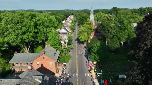 Small town America in summer. Lititz Pennsylvania. Lancaster County PA. Street closed for July 4 hol