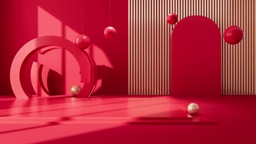 Red geometric interior architecture and empty stage