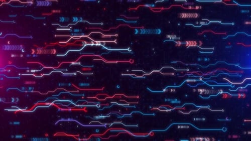 Abstract Digital Data Flow On Futuristic Circuit Board Network Background. Glowing Lines And Arrows