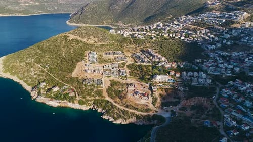 Aerial Video of Small Town and Sea Coast at Dawn in