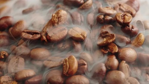 Roasting Coffee Beans with Smoke on Dark Background Close Up Arabica Robusta Colombian Beans