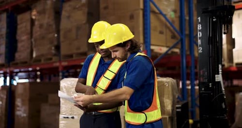 Warehouse Workers Reviewing Documents Next to Forklift