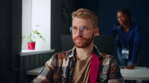 Portrait of Handsome Man Programmer in IT Company Office Guy with Glasses Work with Computer