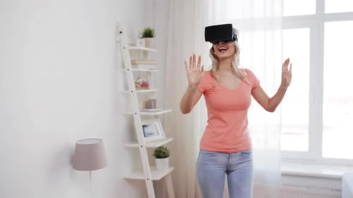 Woman Experiencing Virtual Reality Headset in Bright Living Room