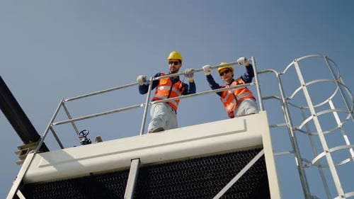 Professional engineers in safety vests inspect a large industrial cooling tower on a rooftop.