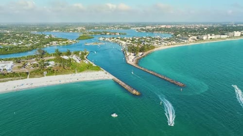 Nokomis Beach Ocean Inlet with Sailing Boats and North and South Jetty in Sarasota County USA Many